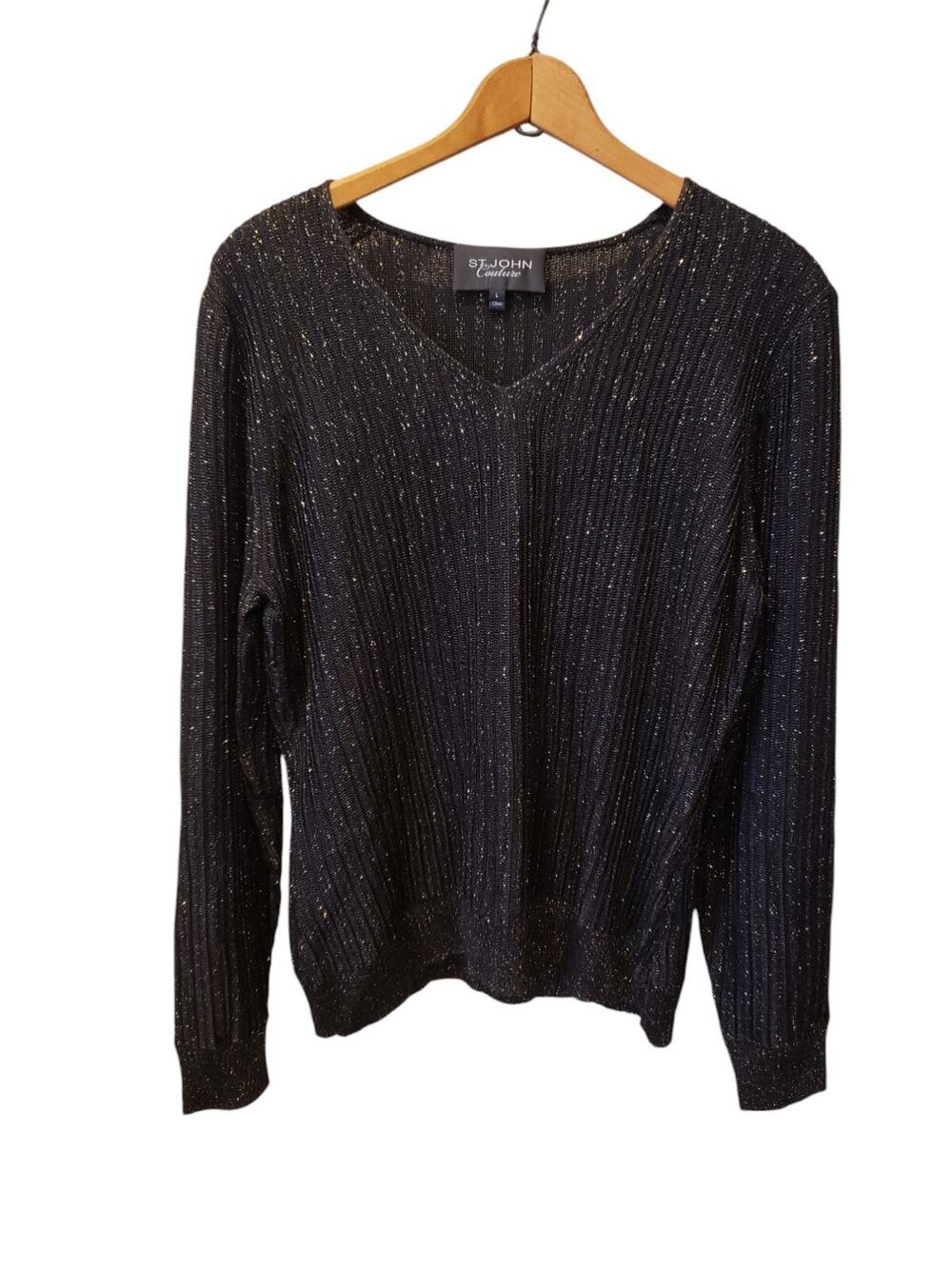 St. John Couture Womens V Neck Black Gold Long Sleeve Sweater Size Large Classic
